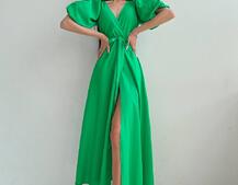 Льняное платье-миди с запахом и объемными рукавами  | PUSHKA SHOP