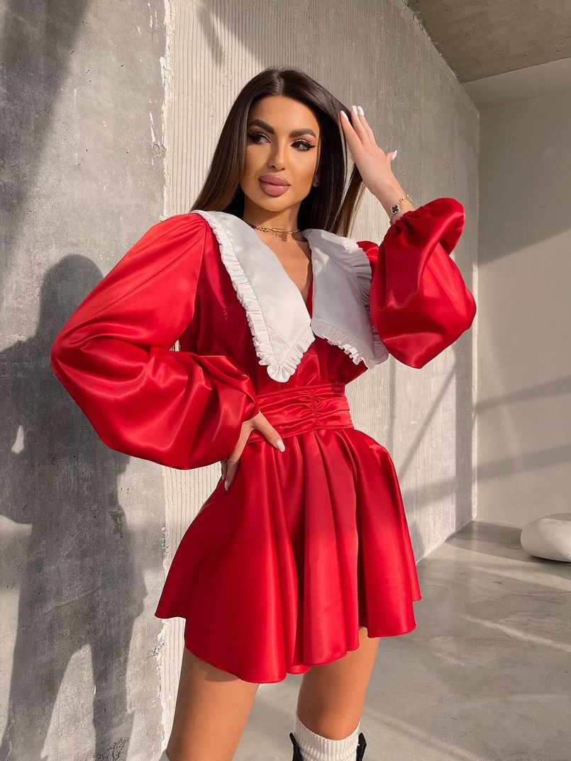 Сукня з коміром та об'ємними рукавами з широким поясом Сукня з коміром та об'ємними рукавами з широким поясом | PUSHKA SHOP