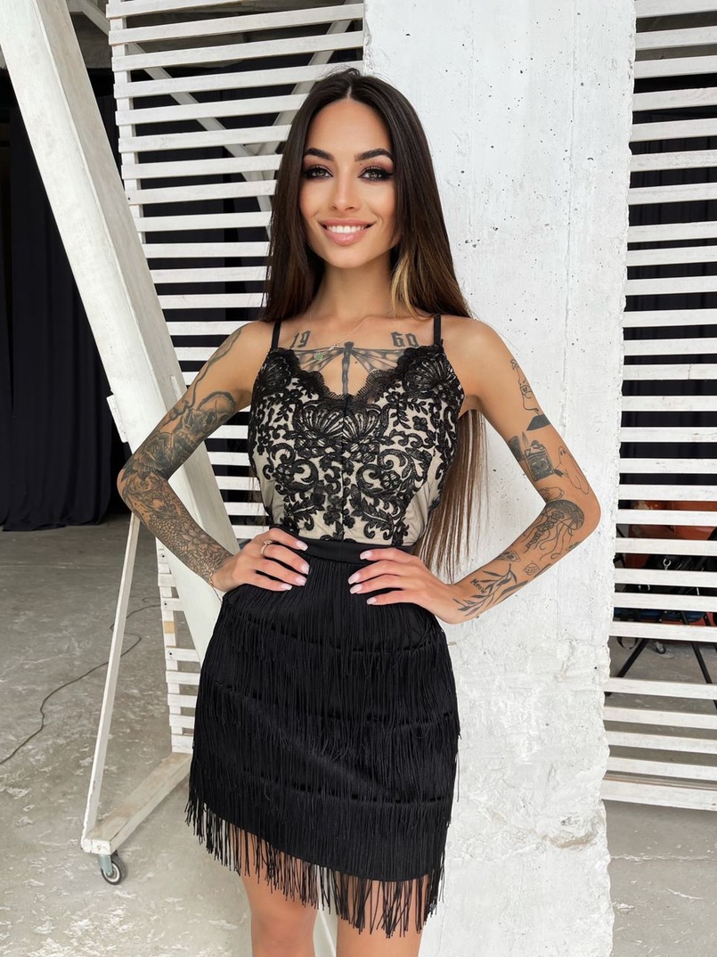 Платье с кружевным верхом и бахромой  | PUSHKA SHOP