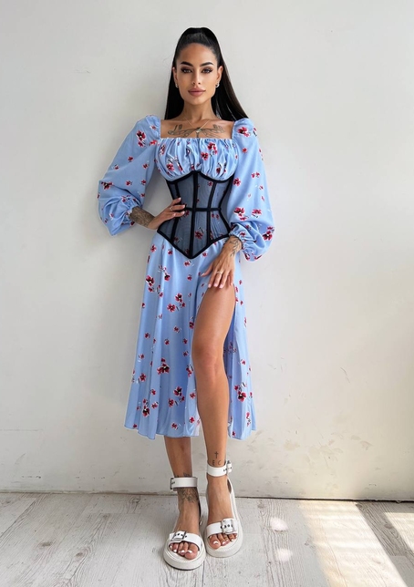 Сукня міді з розрізом в квітковий принт + прозорий корсет  | PUSHKA SHOP