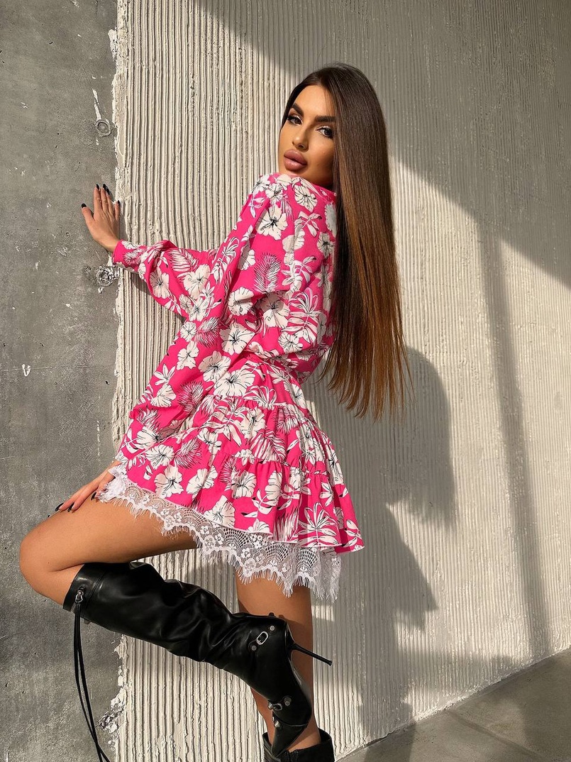 Сукня міні на гудзиках,декорована мереживом  | PUSHKA SHOP