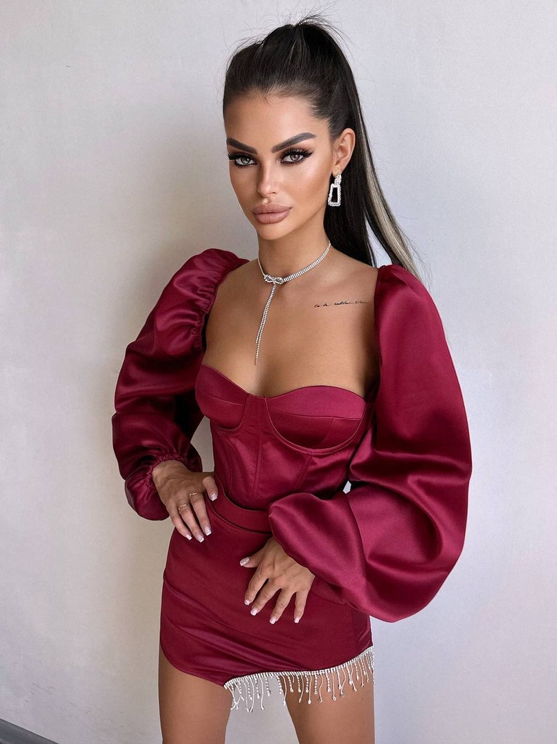 Атласний  комплект: корсет + спідниця декорована бахромою зі страз | PUSHKA SHOP