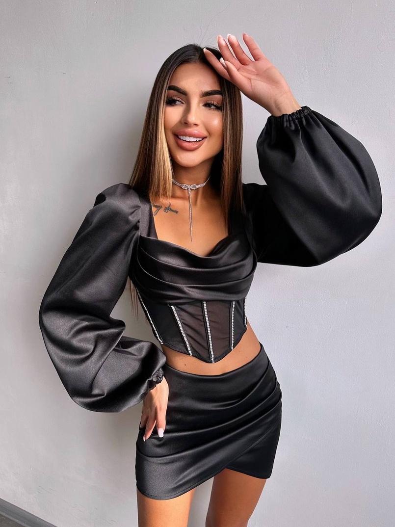 Комплект: корсет, декорований стразами   + спідниця міні з драпіруванням  | PUSHKA SHOP