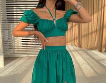 Комплект из хлопка: топ с завязками на груди + юбка-миди с разрезом Комплект из хлопка: топ с завязками на груди + юбка-миди с разрезом | PUSHKA SHOP