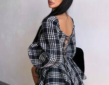 Корсетна сукня з подвійною спідницею та обʼємними рукавами у клітинку  | PUSHKA SHOP