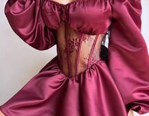 Атласна сукня з обʼємними рукавами та мереживом | PUSHKA SHOP