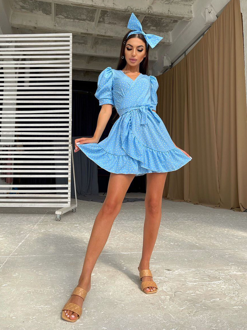 Милое платье в горошек с оборками + повязка на голову с бантом Милое платье в горошек с оборками + повязка на голову с бантом | PUSHKA SHOP