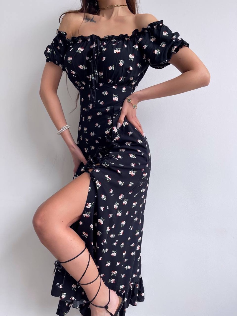 Квіткова сукня з воланами та шнуровкою на ніжці | PUSHKA SHOP