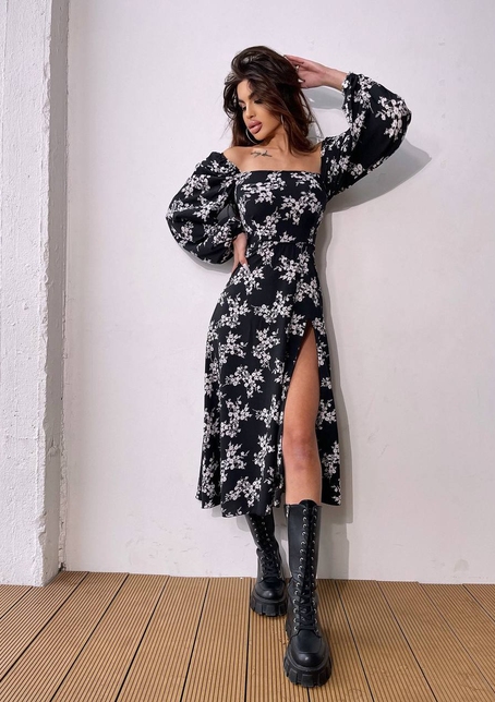 Квіткова сукня-міді зі шнурівкою на спинці та розрізом на ніжці | PUSHKA SHOP