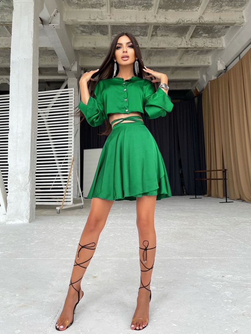 Шелковый комплект: укорочённая рубашка + юбка с запахом   Шелковый комплект: укорочённая рубашка + юбка с запахом   | PUSHKA SHOP