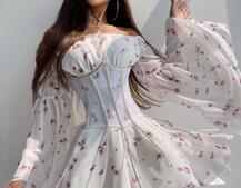 Шифонова сукня на підкладці з розкльошеними рукавами з асиметричною спідницею + корсет декорований стразами Шифонова сукня на підкладці з розкльошеними рукавами з асиметричною спідницею + корсет декорований стразами | PUSHKA SHOP