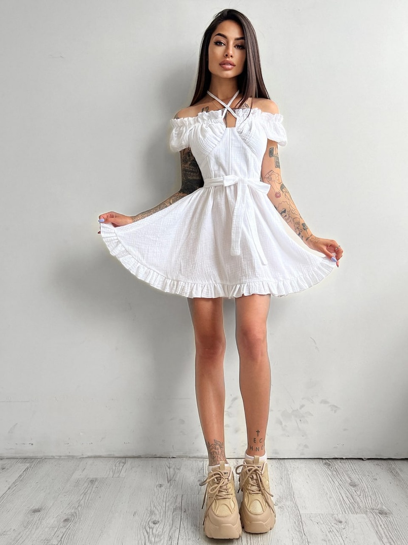 Муслиновое платье мини с корсетной вставкой на талии с косточками  Муслиновое платье мини с корсетной вставкой на талии с косточками  | PUSHKA SHOP