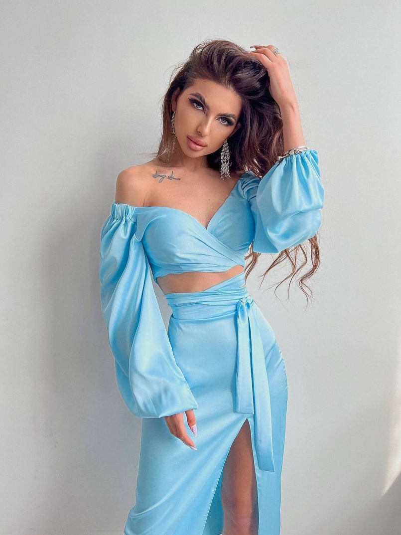 Шелковый комплект: топ с завязками на талии + юбка миди с разрезом  | PUSHKA SHOP