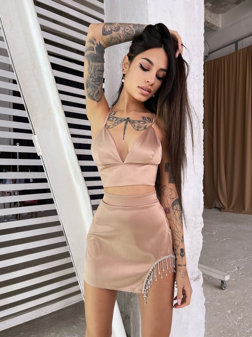 Комплект: топ + юбка, декорированная бахромой из страз  | PUSHKA SHOP