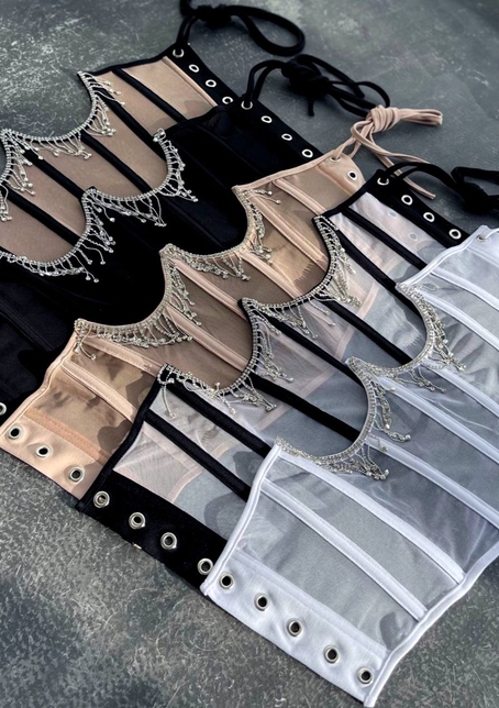 Корсет на кісточках зі шнурівкою, декорований бахромою зі страз | PUSHKA SHOP