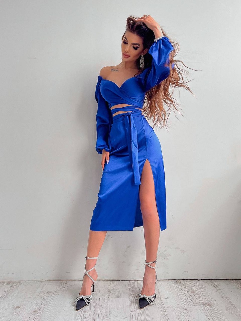 Шелковый комплект: топ с завязками на талии + юбка миди с разрезом  | PUSHKA SHOP