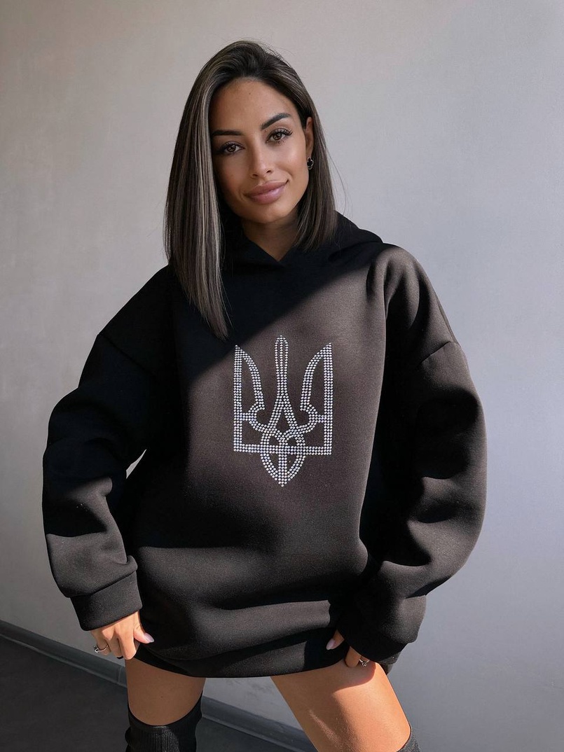 Патріотичне  худі over size із сяючими стразами | PUSHKA SHOP