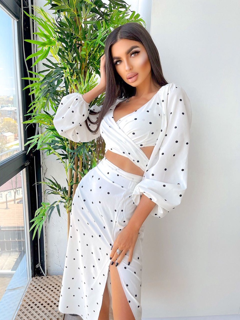 Костюм в горошек с завязками на талии  | PUSHKA SHOP