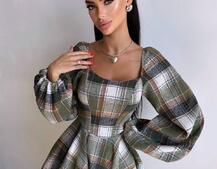 Корсетна сукня з подвійною спідницею та обʼємними рукавами у клітинку  | PUSHKA SHOP