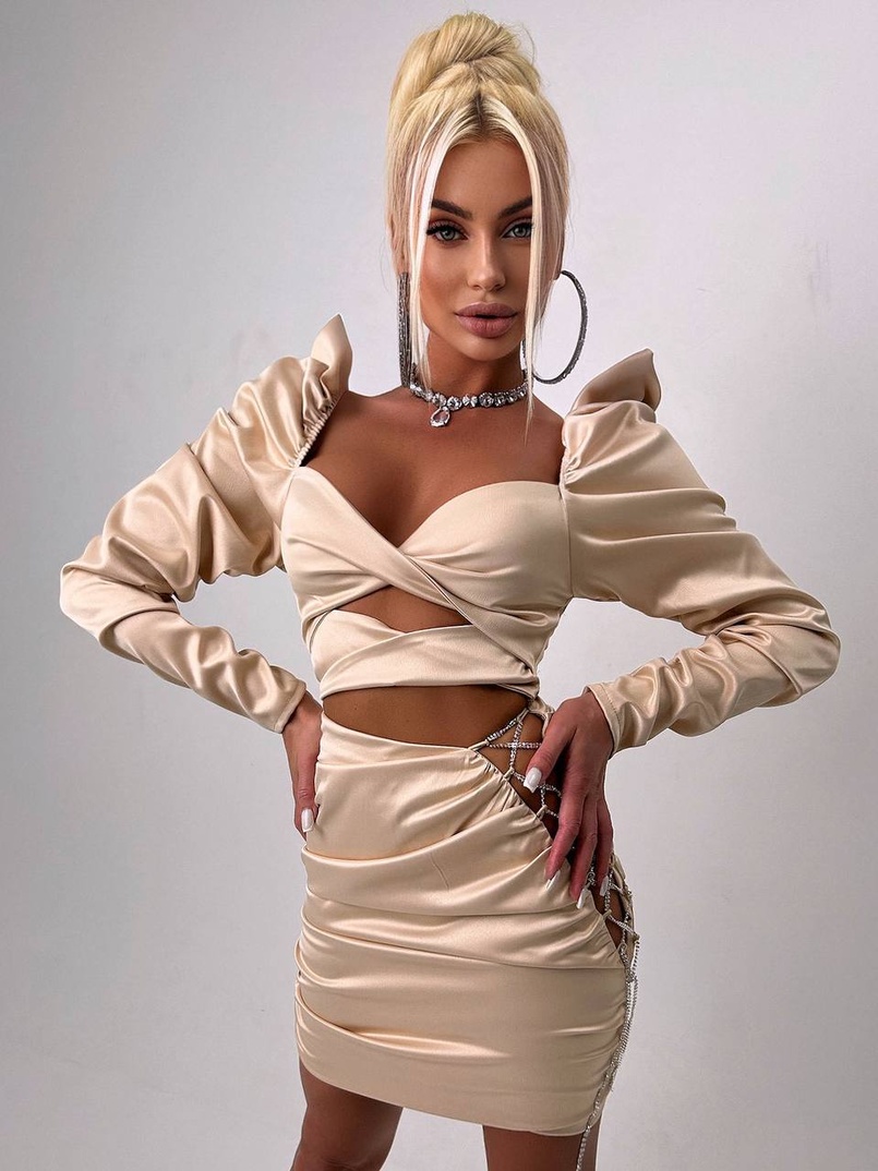 Сукня міні з драпіруванням, декорована стразами  | PUSHKA SHOP