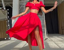 Комплект из хлопка: топ с завязками на груди + юбка-миди с разрезом  | PUSHKA SHOP