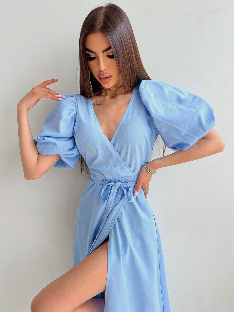 Льняное платье-миди с запахом и объемными рукавами  | PUSHKA SHOP