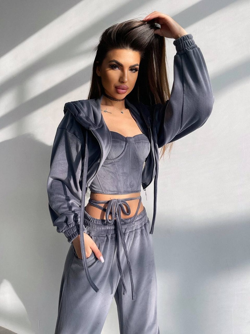 Велюровий комплект трійка: кофта + корсет з чашечками + джогери  | PUSHKA SHOP