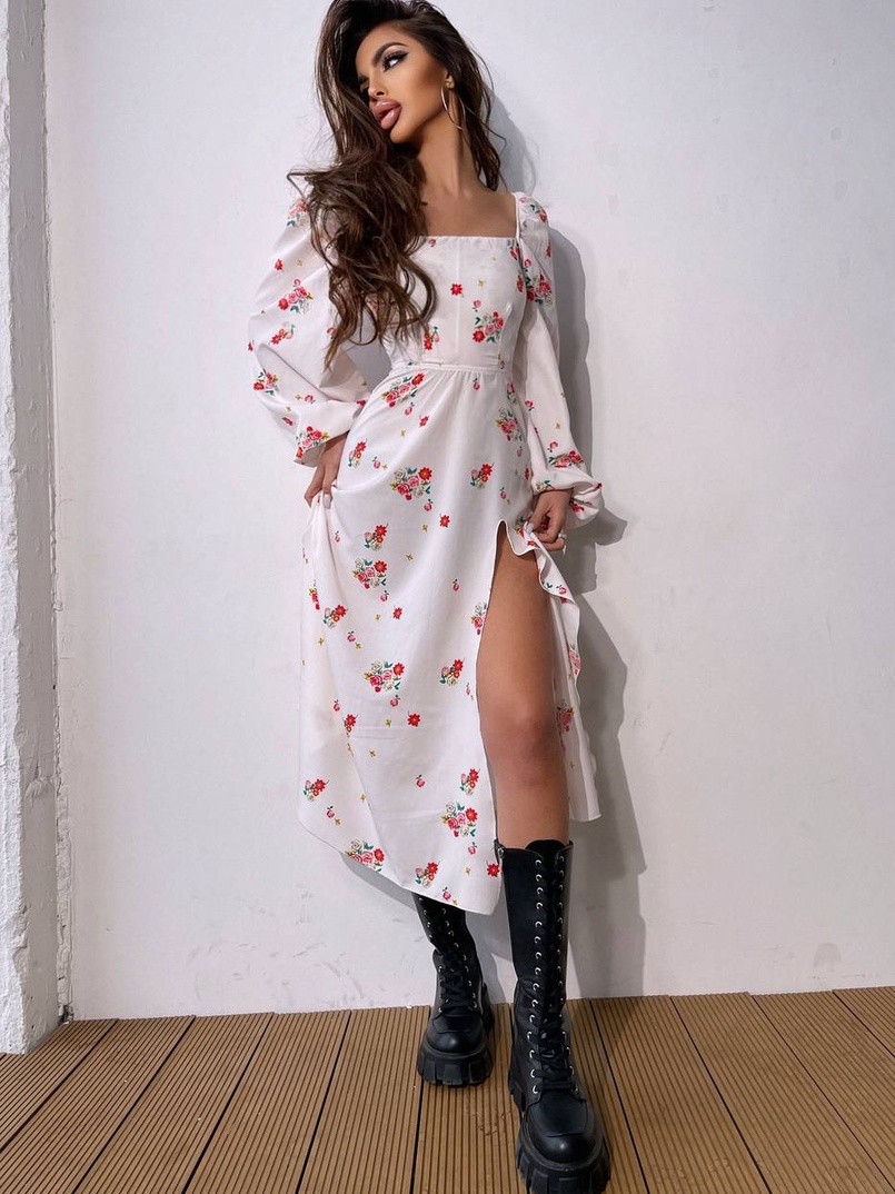 Квіткова сукня-міді зі шнурівкою на спинці та розрізом на ніжці | PUSHKA SHOP