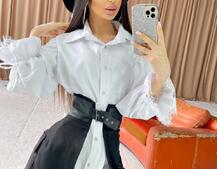 Платье-рубашка с объёмными рукавами, декорированными кружевом и юбка с карманами и элементами из эко-кожи  | PUSHKA SHOP