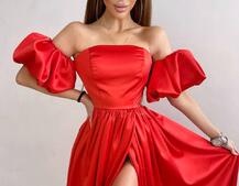 Атласное платье макси с объемными рукавами   | PUSHKA SHOP