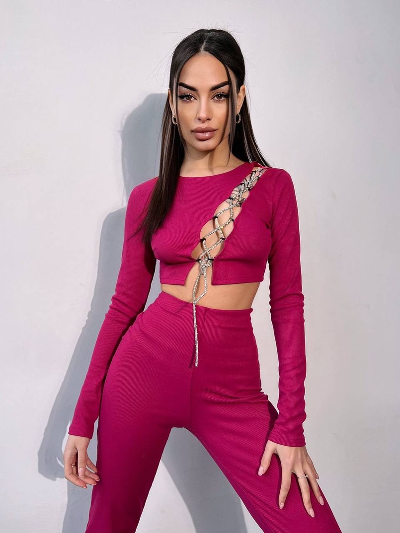 Комплект : штани кльош і топ декорований шнурком зі стразами  | PUSHKA SHOP