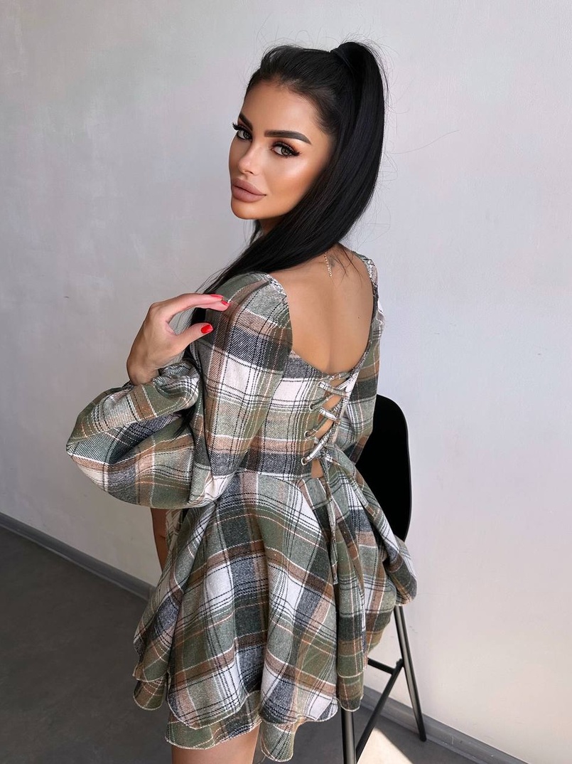 Корсетна сукня з подвійною спідницею та обʼємними рукавами у клітинку  | PUSHKA SHOP