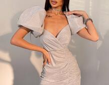 Блестящее платье с объемными рукавами  | PUSHKA SHOP
