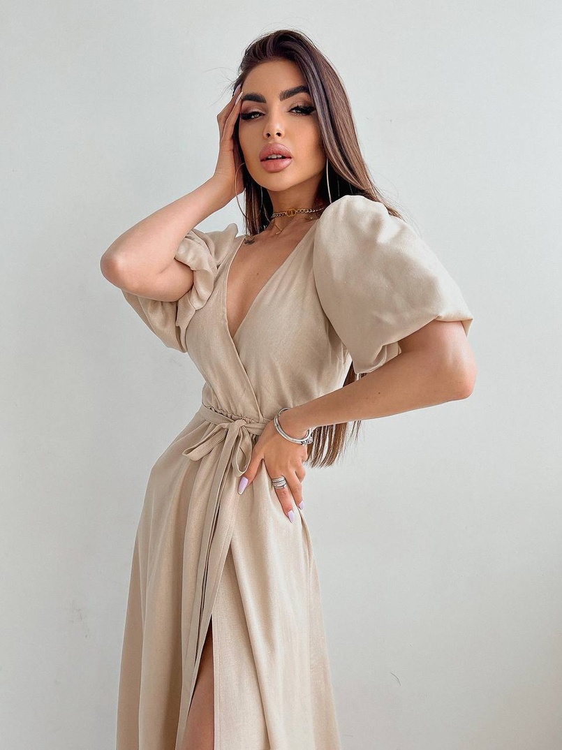 Льняное платье-миди с запахом и объемными рукавами  | PUSHKA SHOP