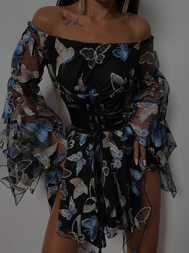 Сукня з асиметричною спідницею із сітки з вишивкою + атласний корсет на шнурівці | PUSHKA SHOP