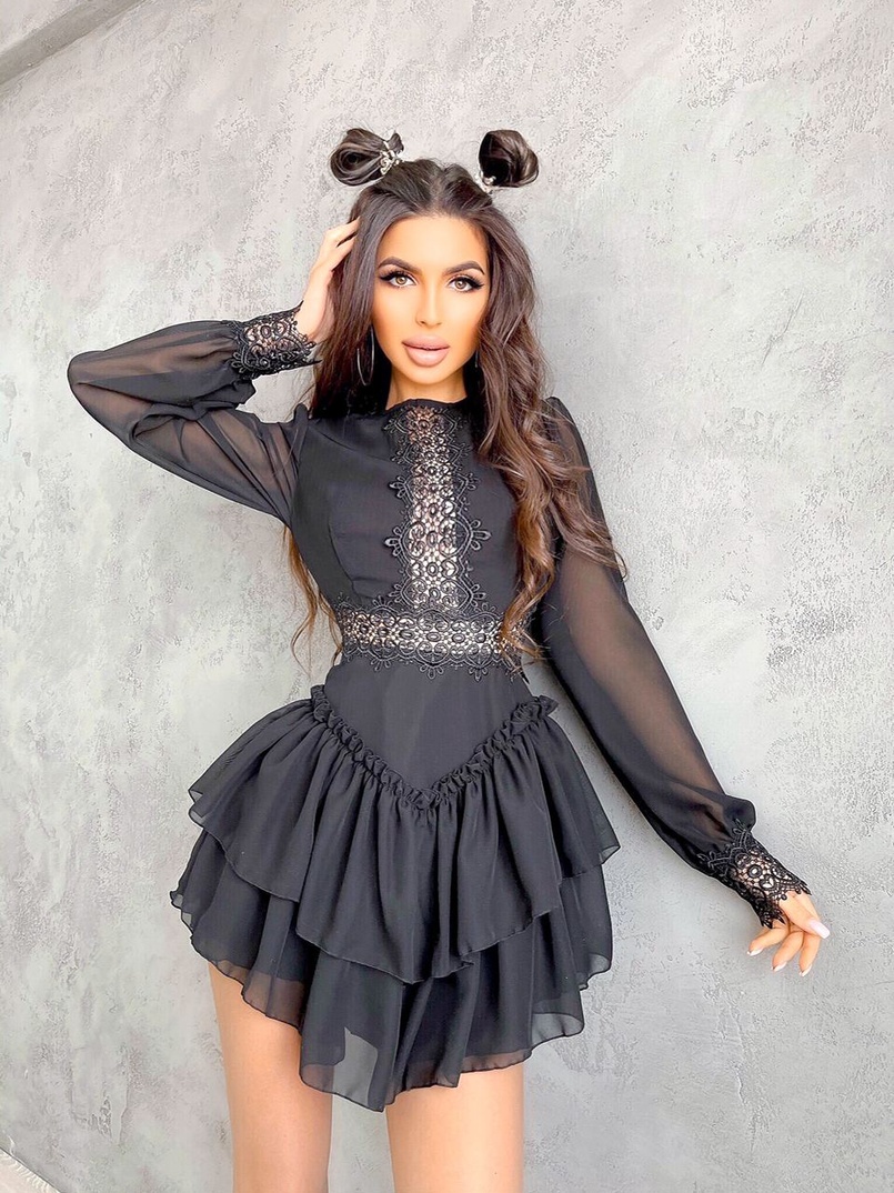 Ассиметричное шифоновое платье декорированное кружевом   Ассиметричное шифоновое платье декорированное кружевом   | PUSHKA SHOP