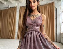 Блестящее платье с пышной юбочкой и завязками на талии  | PUSHKA SHOP