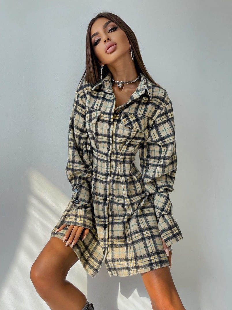 Кашемировое приталенное платье-рубашка в клетку | PUSHKA SHOP