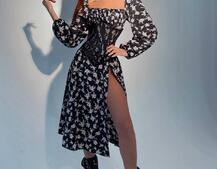 Цветочное платье миди с разрезом + прозрачный бельевой корсет Цветочное платье миди с разрезом + прозрачный бельевой корсет | PUSHKA SHOP