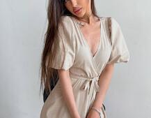 Льняное платье-миди с запахом и объемными рукавами  | PUSHKA SHOP