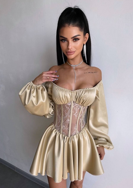 Атласна сукня з обʼємними рукавами та мереживом | PUSHKA SHOP