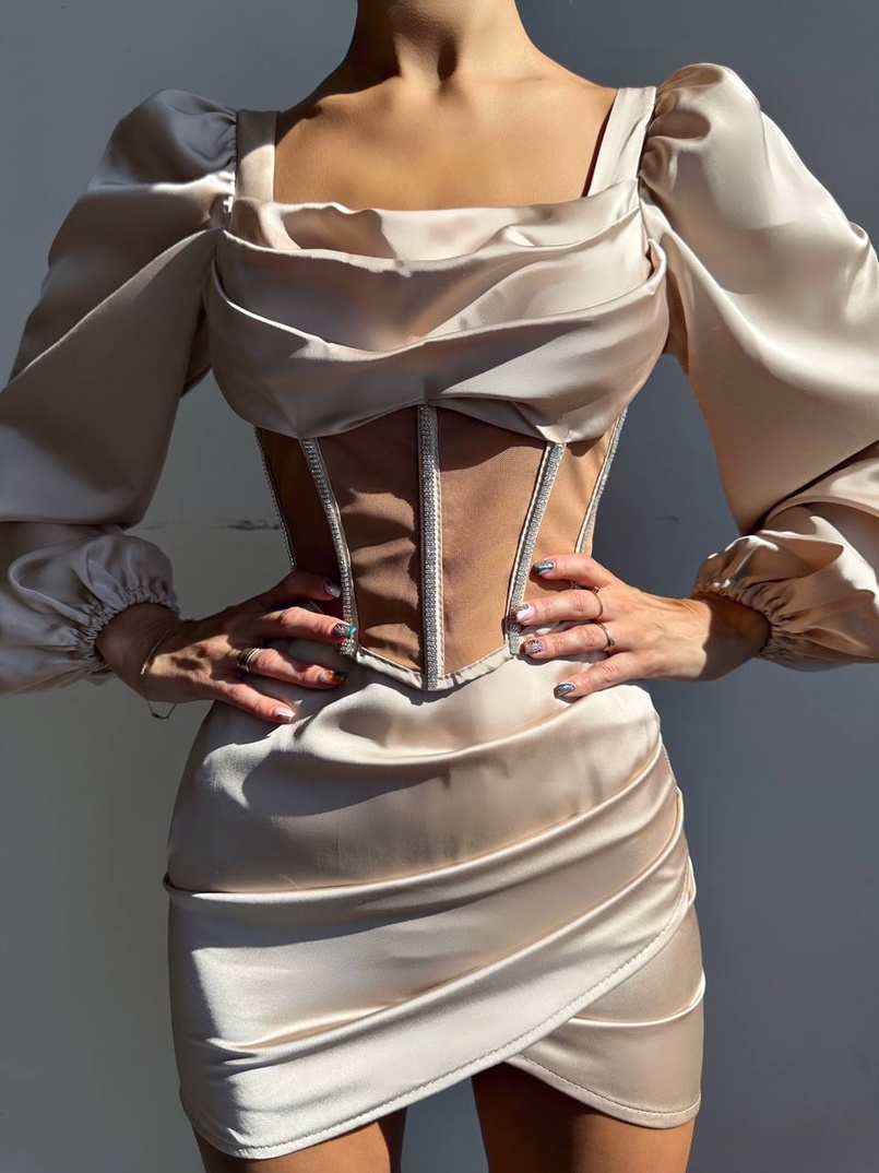 Комплект: корсет, декорований стразами + спідниця міні з драпіруванням   Ручна робота  | PUSHKA SHOP