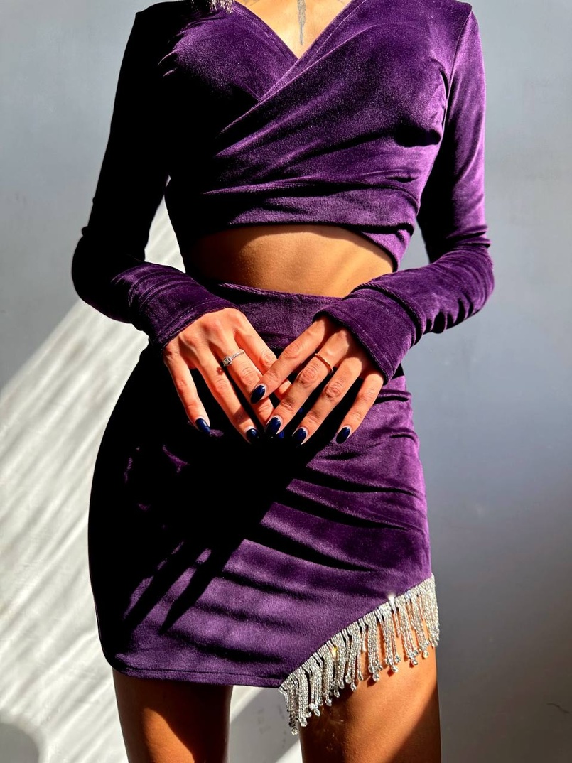 Оксамитовий комплект, декорований бахромою зі страз Оксамитовий комплект, декорований бахромою зі страз | PUSHKA SHOP