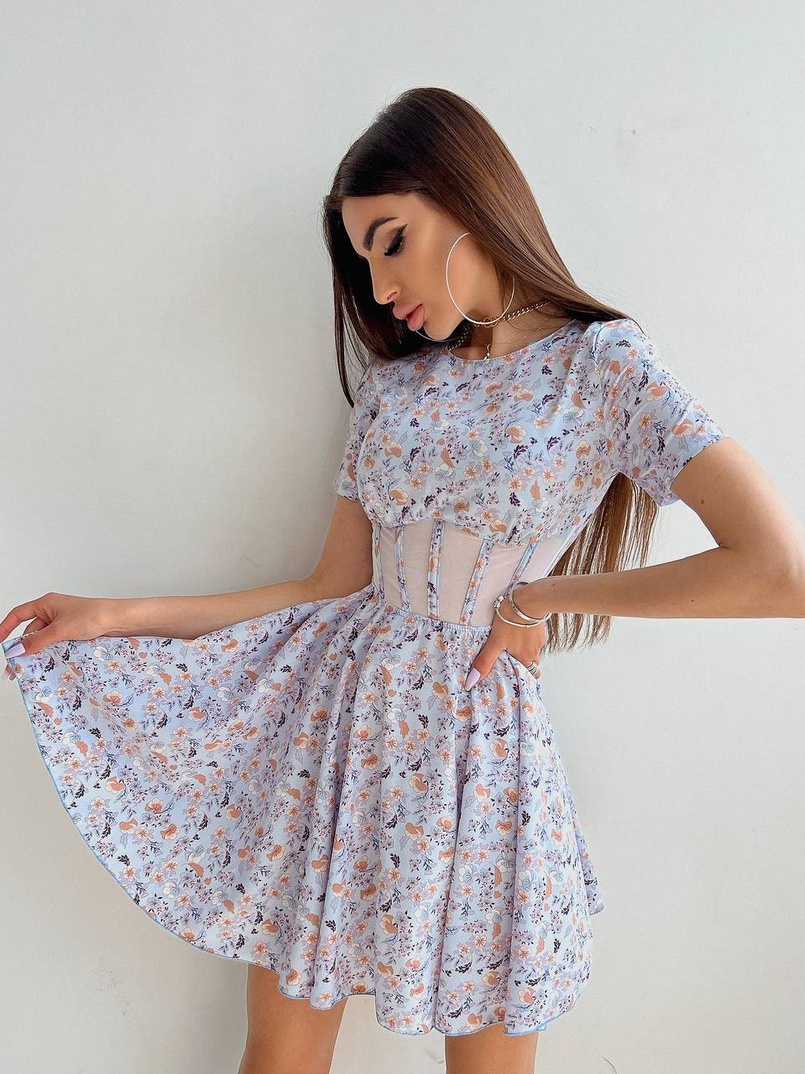 Цветочное платье мини с элементами корсета на косточках  | PUSHKA SHOP