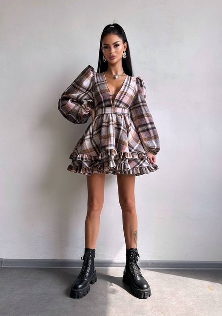 Сукня з подвійною спідницею та обʼємними рукавами у клітинку  | PUSHKA SHOP