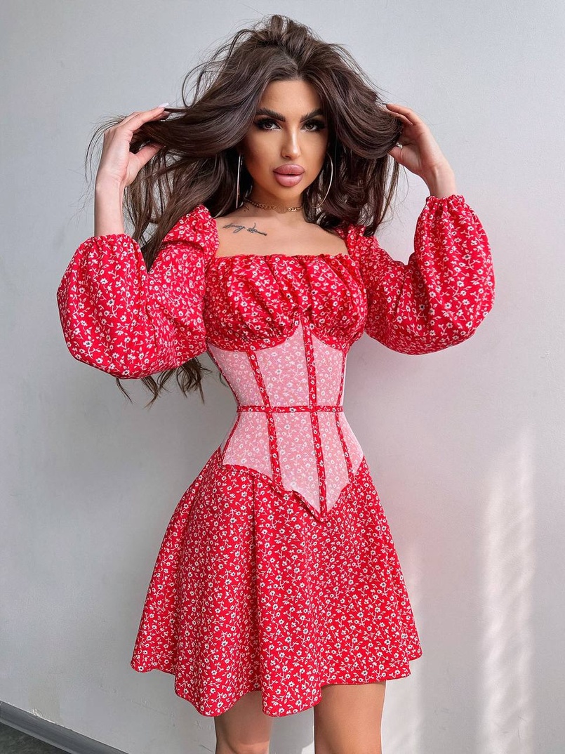 Сукня міні в квітковий принт + прозорий корсет  | PUSHKA SHOP