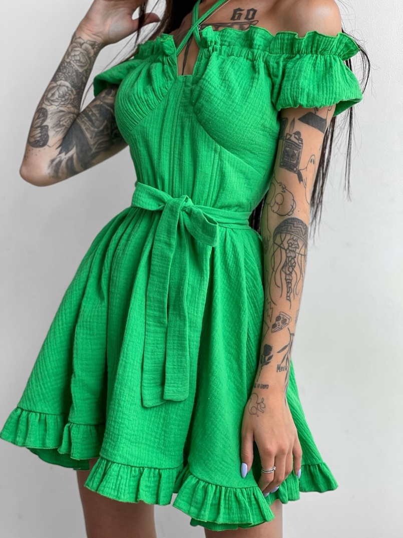 Муслиновое платье мини с корсетной вставкой на талии с косточками Муслиновое платье мини с корсетной вставкой на талии с косточками | PUSHKA SHOP