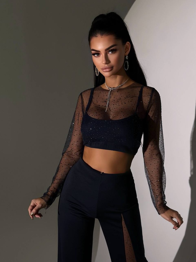 Комплект: топ + штани із сіткою зі стразами  | PUSHKA SHOP