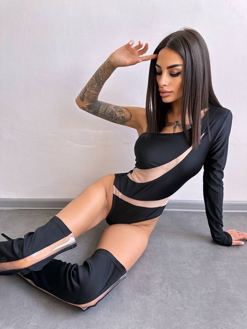 Боді на одне плече із вставками сітки | PUSHKA SHOP