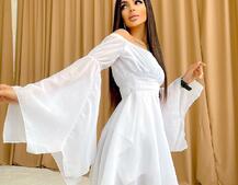 Шифоновое платье ассиметричного кроя с расклешенными рукавами и корсетом декорированный стразами Шифоновое платье ассиметричного кроя с расклешенными рукавами и корсетом декорированный стразами | PUSHKA SHOP